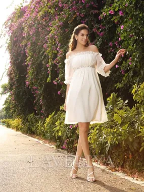 A-line Off-the-Shoulder 1/2 Sleeves Ruffles Knee-Length Chiffon Wedding Dress  #HW230161