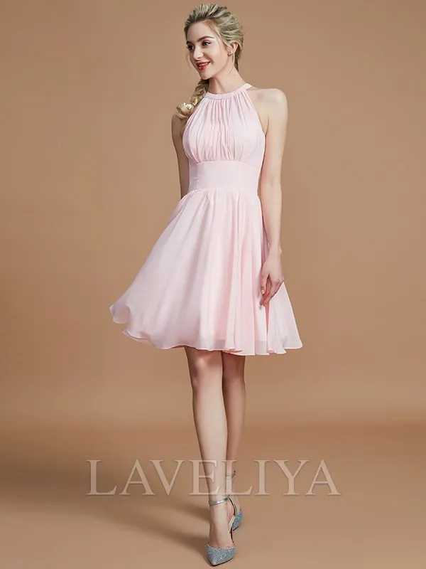 A-line Scoop Pleated Knee-Length Chiffon Bridesmaid Dress  #ZB230027