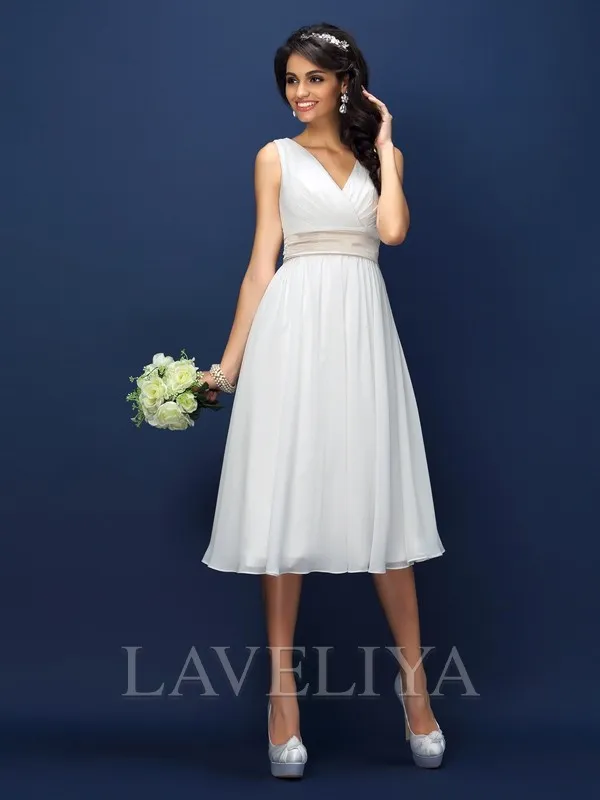 A-line V-neck Bow Knee-Length Chiffon Bridesmaid Dress  #ZB230211