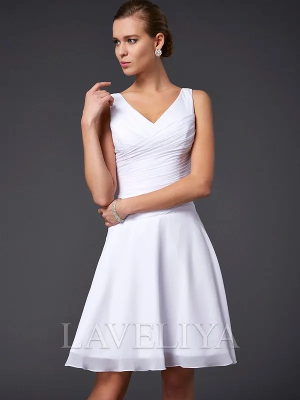 A-line V-neck Pleated Knee-Length Chiffon Bridesmaid Dress  #ZB230171