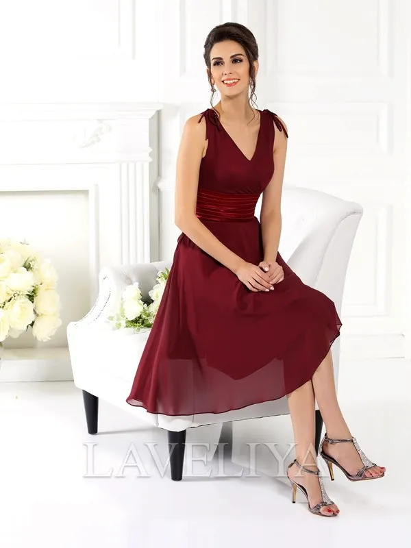 A-line V-neck Pleated Knee-Length Chiffon Bridesmaid Dress  #ZB230258