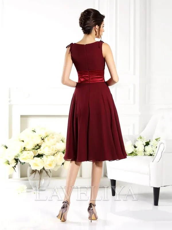 A-line V-neck Pleated Knee-Length Chiffon Bridesmaid Dress  #ZB230258