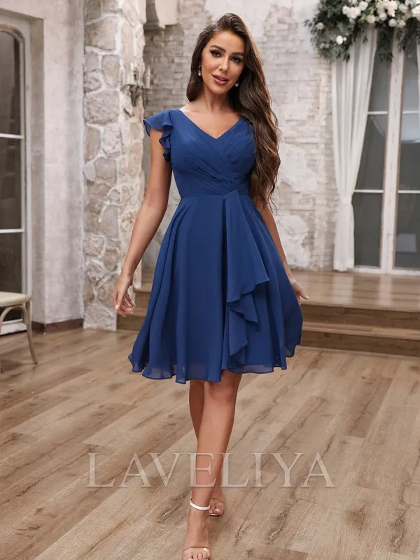 A-line V-neck Pleated Knee-Length Chiffon Bridesmaid Dress  #ZB240059