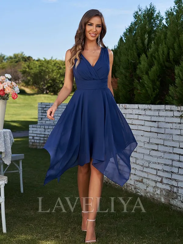 A-line V-neck Ruffles Knee-Length Chiffon Bridesmaid Dress  #ZB230289