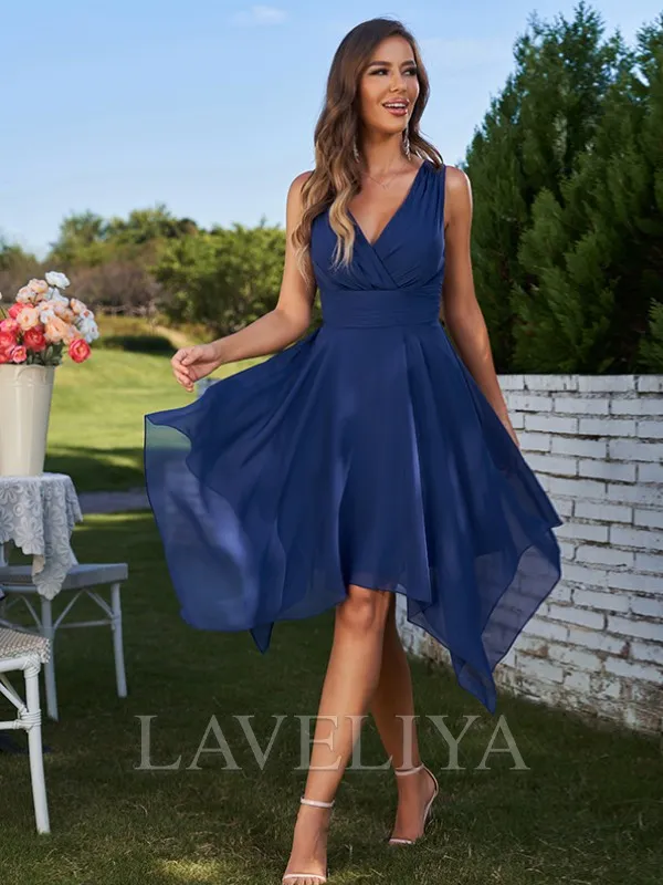 A-line V-neck Ruffles Knee-Length Chiffon Bridesmaid Dress  #ZB230289