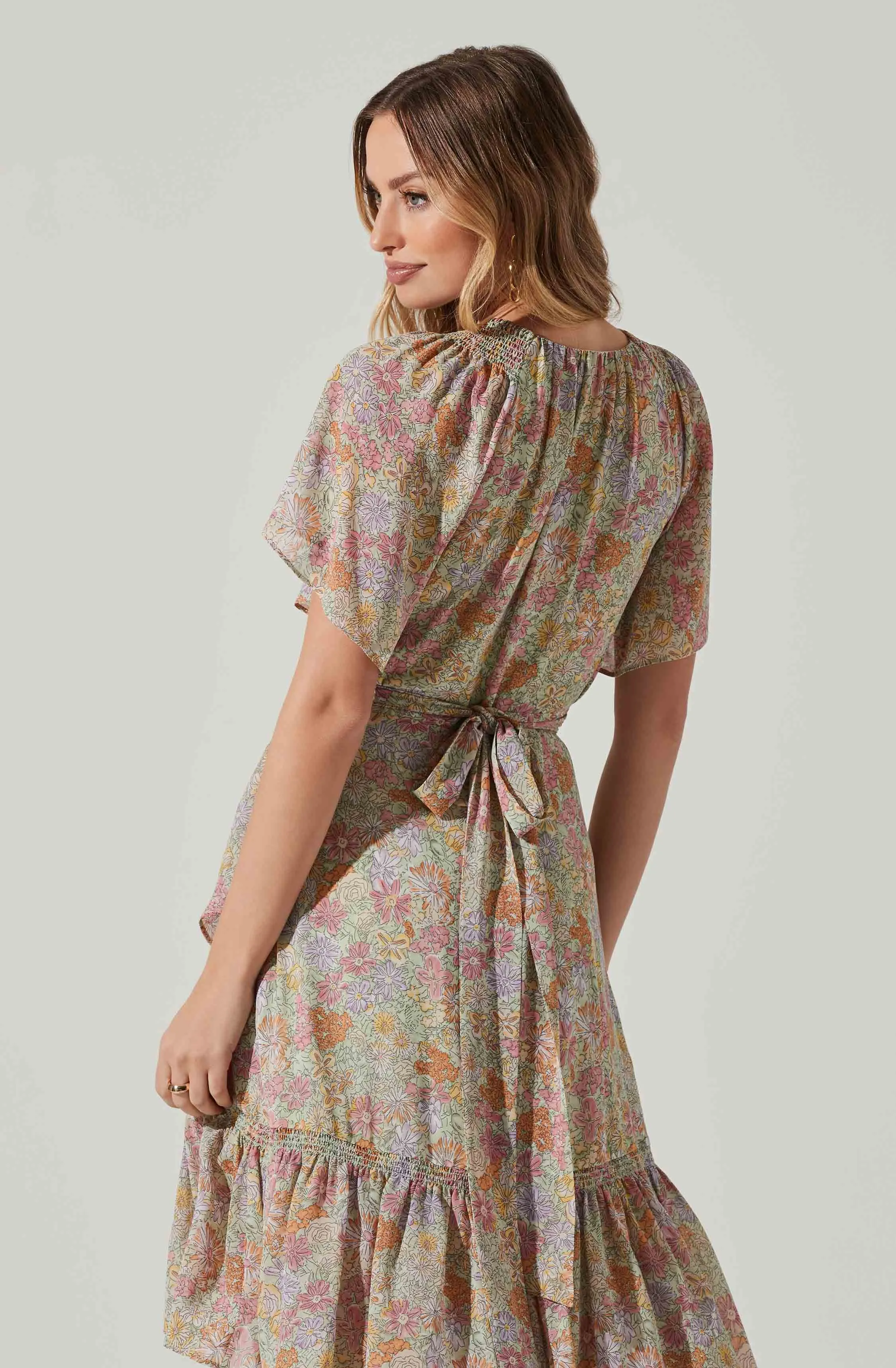 Adella Floral Flutter Sleeve Ruffle Midi Dress