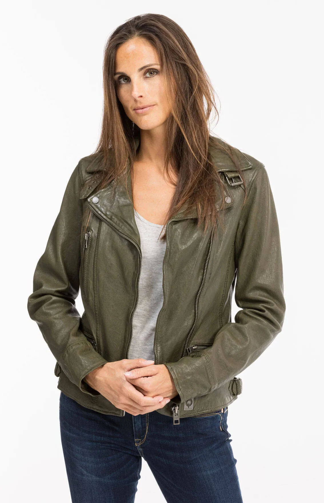 Almond oakwood women's leather jacket biker style 62065