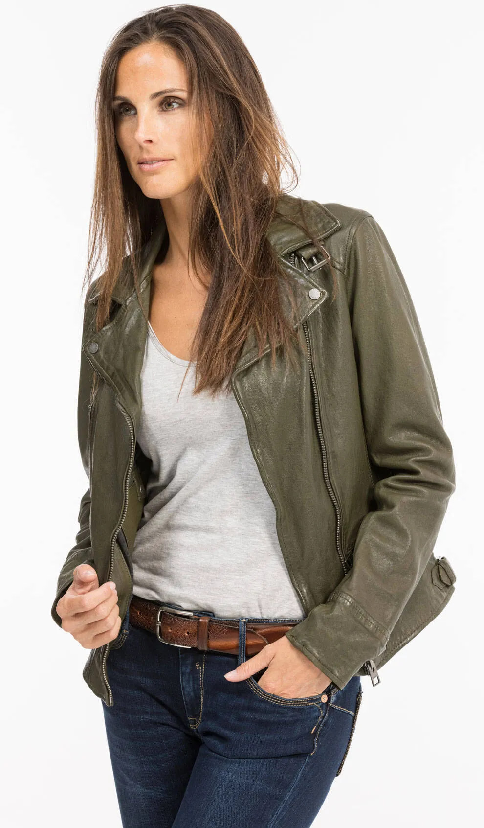 Almond oakwood women's leather jacket biker style 62065