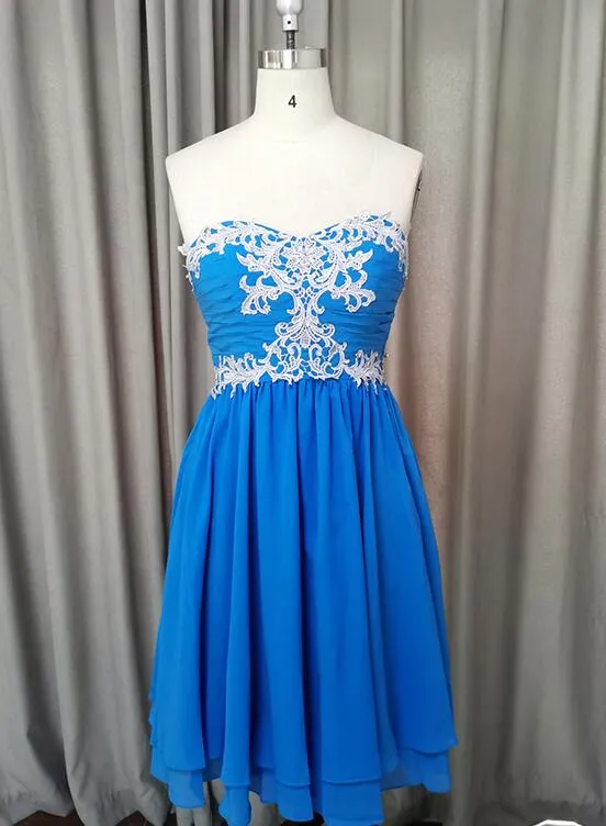 Beautiful Blue Chiffon Knee Length Sweetheart Party Dress, Blue Homecoming Dress