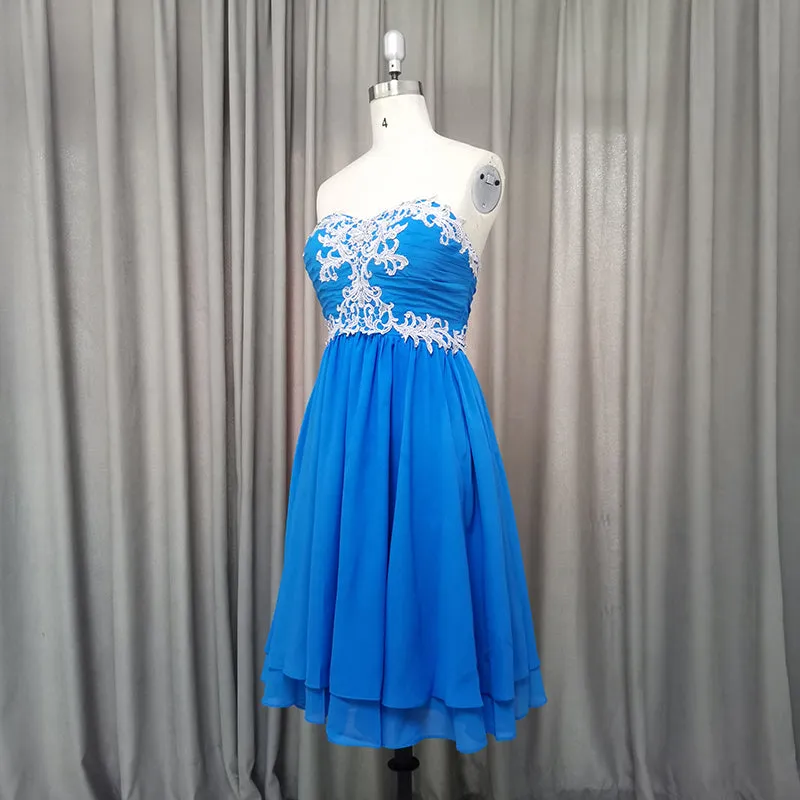 Beautiful Blue Chiffon Knee Length Sweetheart Party Dress, Blue Homecoming Dress