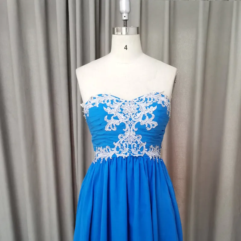 Beautiful Blue Chiffon Knee Length Sweetheart Party Dress, Blue Homecoming Dress