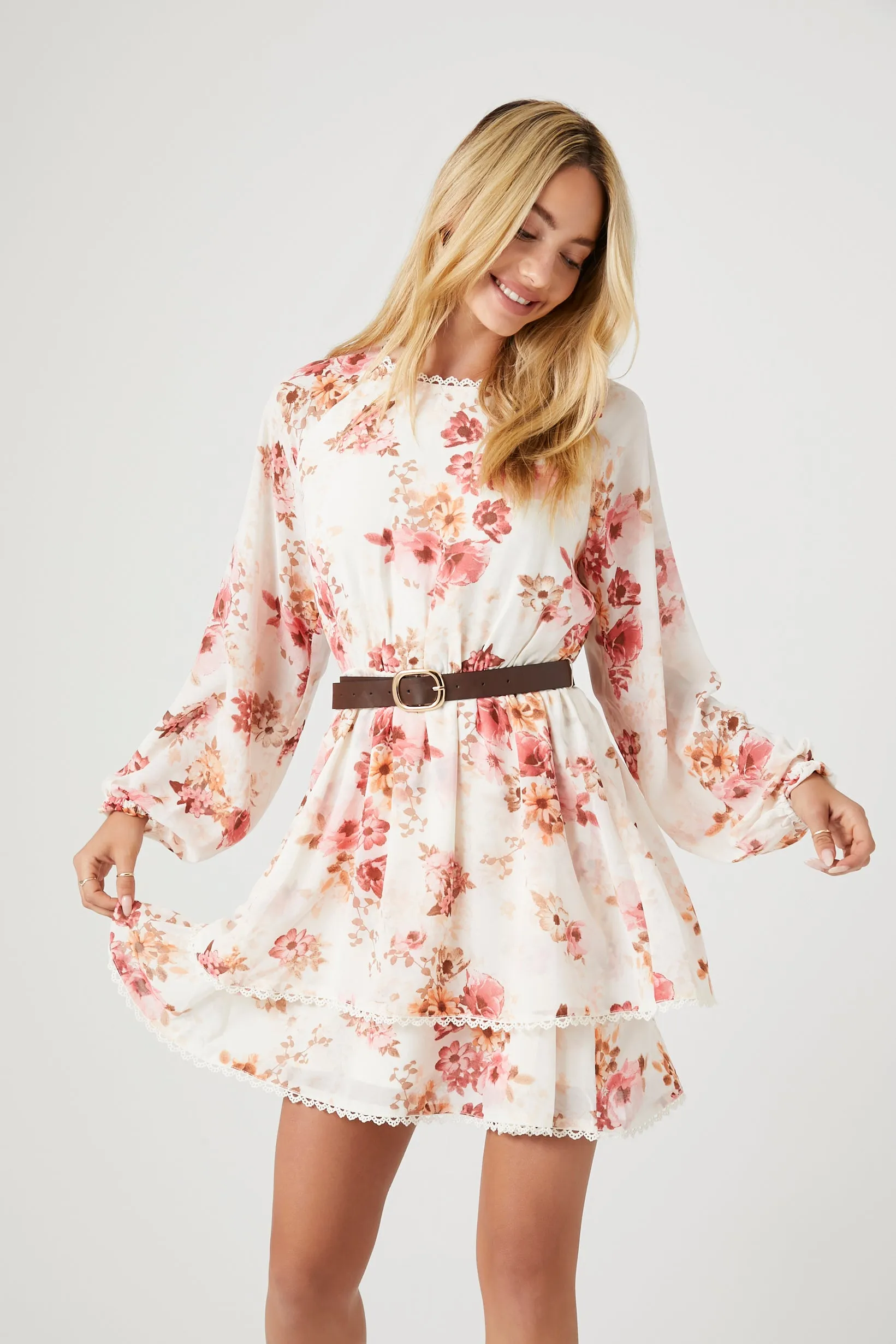 Belted Floral Print Mini Dress