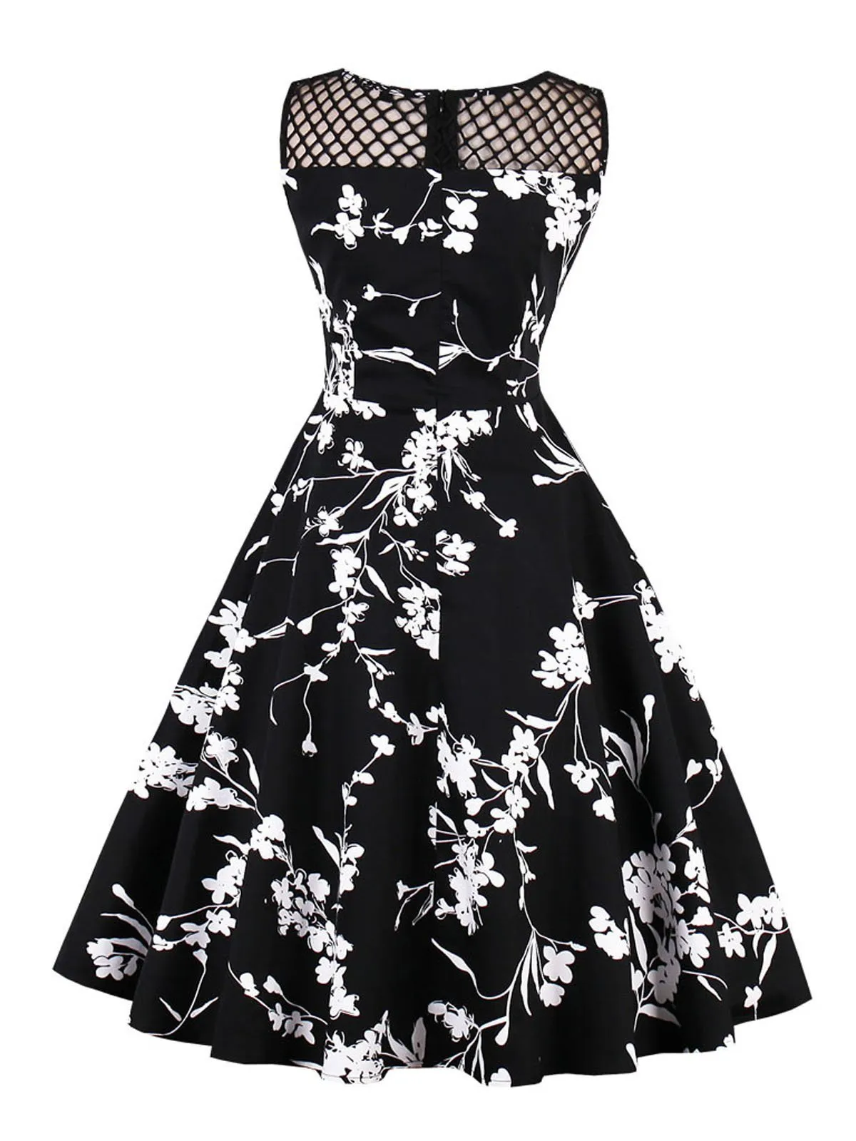 Black 1950s Floral Print Sleeveless Dress