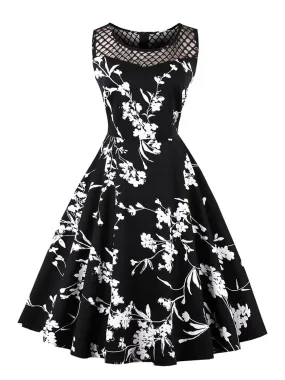 Black 1950s Floral Print Sleeveless Dress