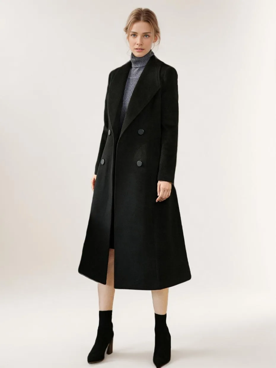 Black Coat For Woman Classic Double Breasted Sash Winter Coat 2024