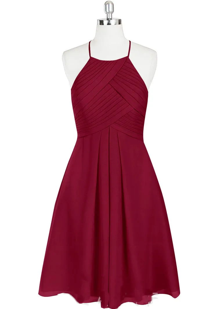 Cute Halter Burgundy Chiffon Knee Length Bridesmaid Dress