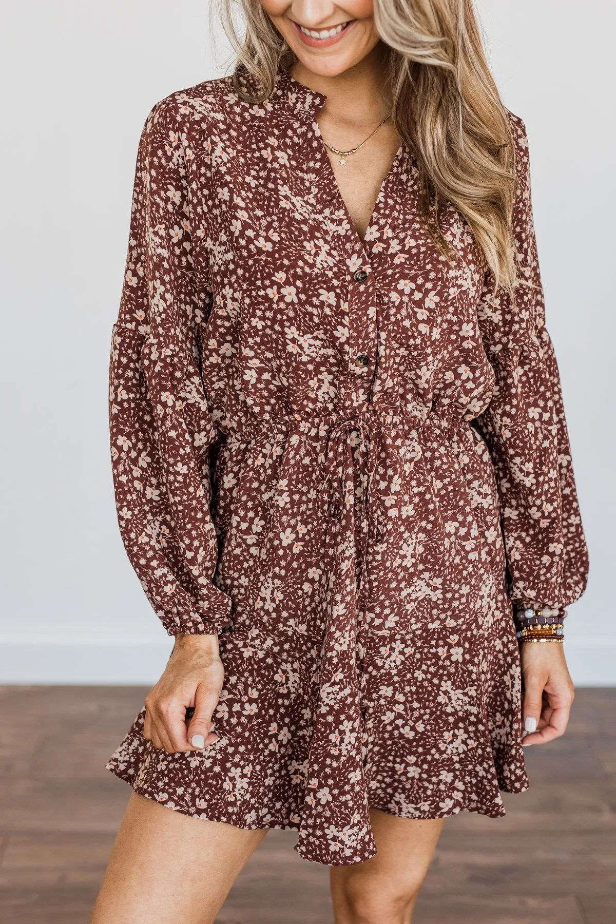 Decadent Daydreams Floral Print Dress- Brown