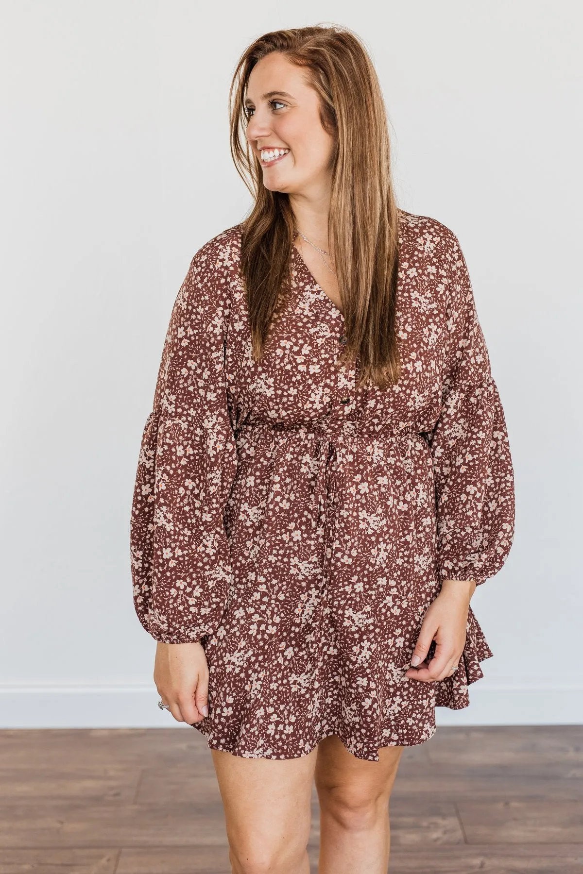 Decadent Daydreams Floral Print Dress- Brown