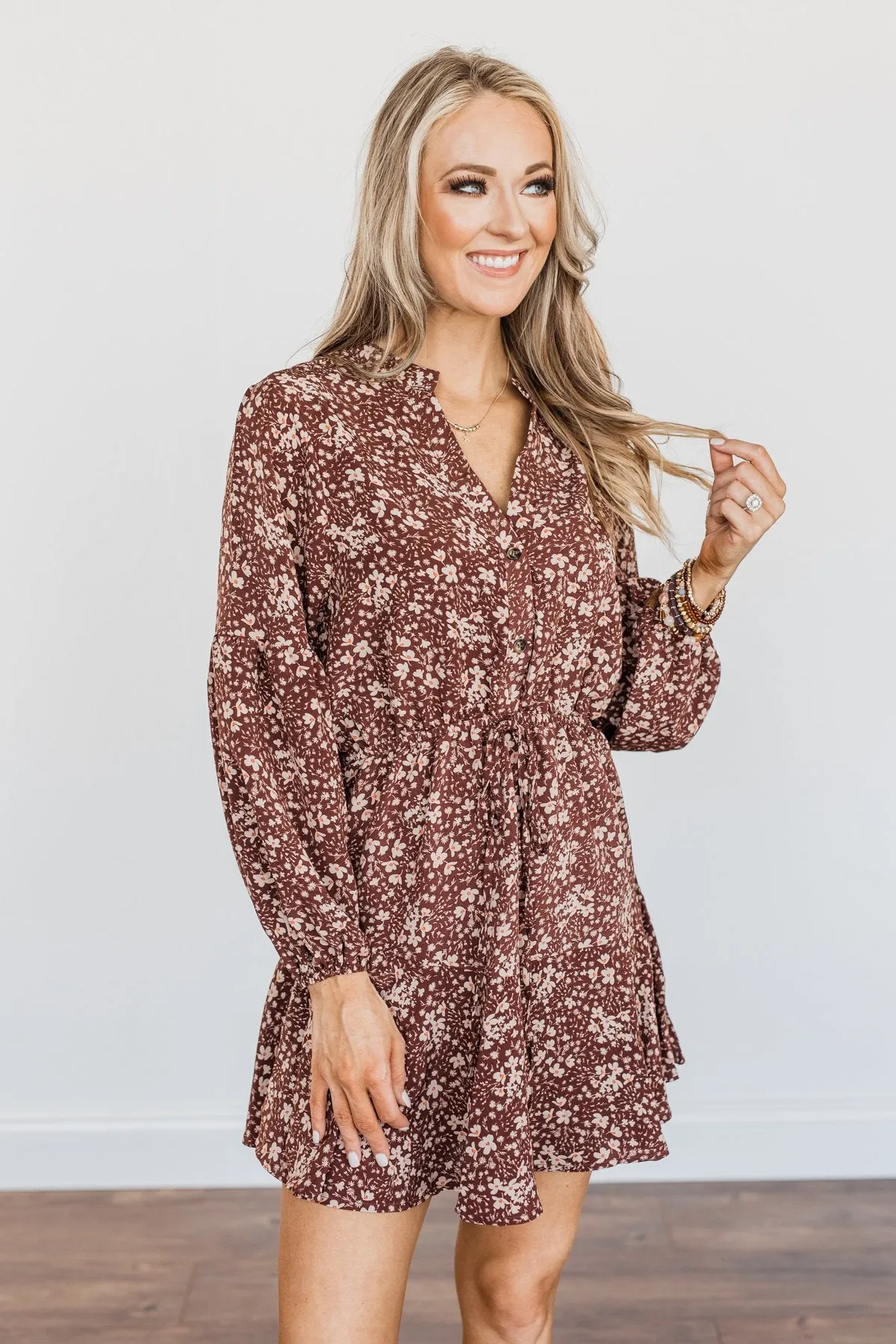 Decadent Daydreams Floral Print Dress- Brown