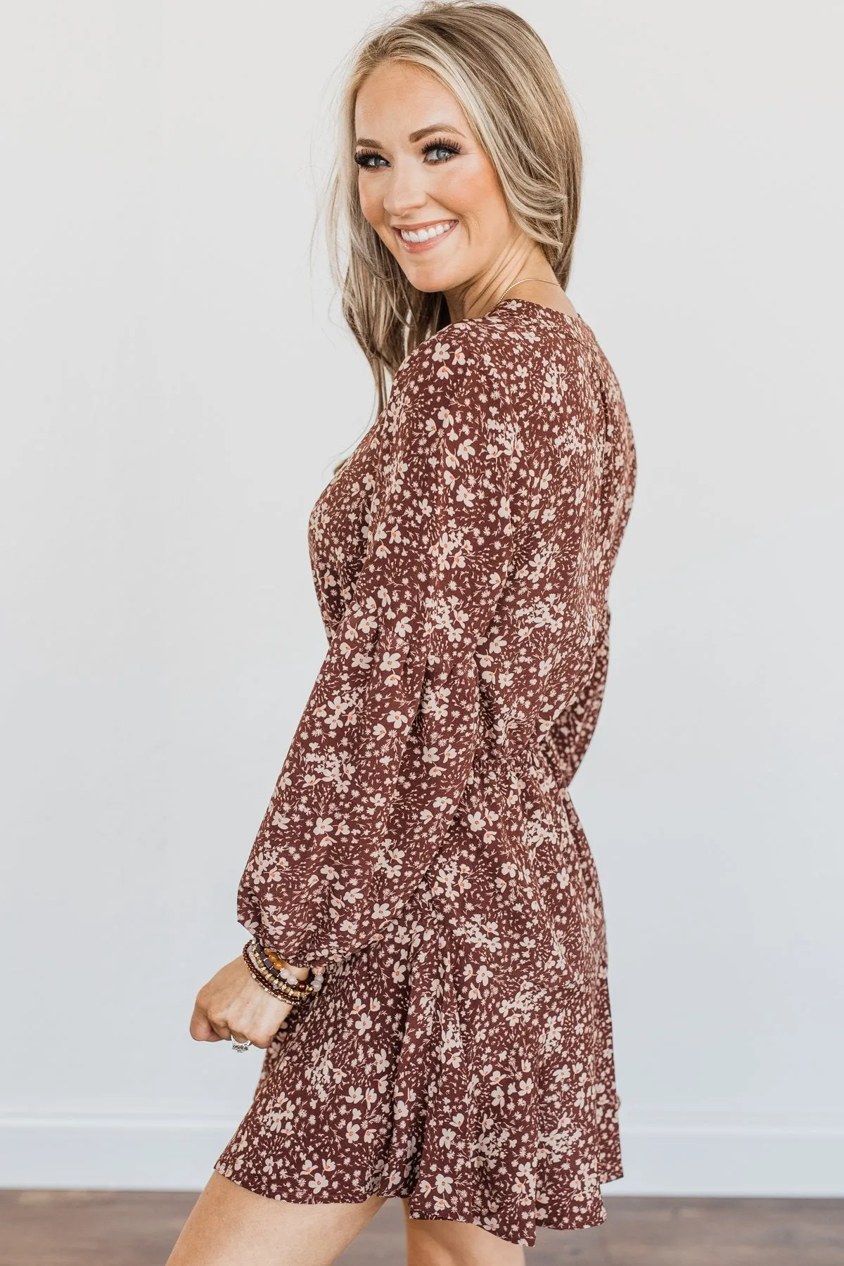 Decadent Daydreams Floral Print Dress- Brown