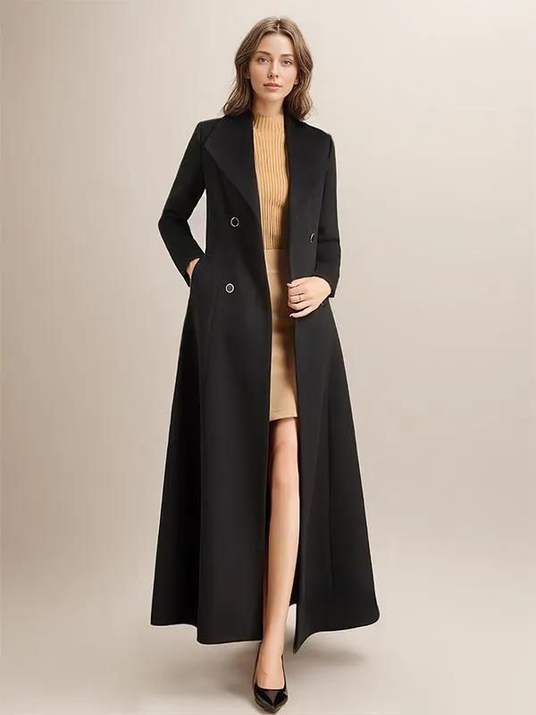 Elegant Woolen Coat Lapel Long Sleeves Pockets Belted Full Length Coat