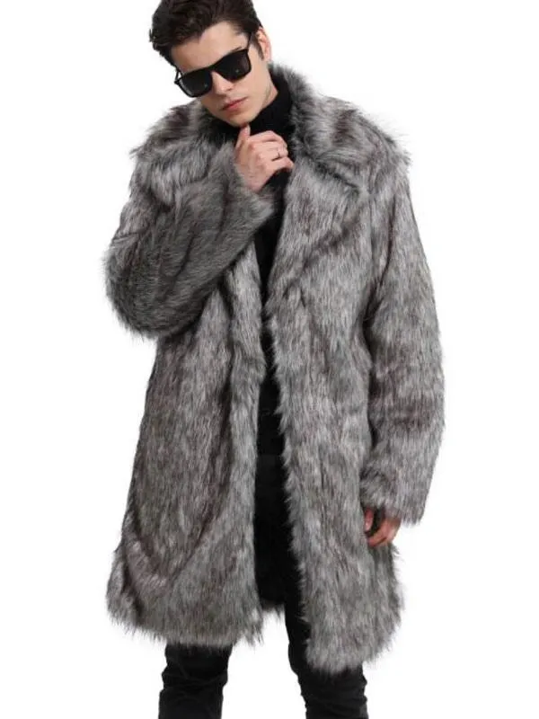 Faux Fur Coat Grey Fuzzy Coat Turndown Collar Men Casual Winter Overcoat