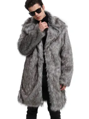 Faux Fur Coat Grey Fuzzy Coat Turndown Collar Men Casual Winter Overcoat