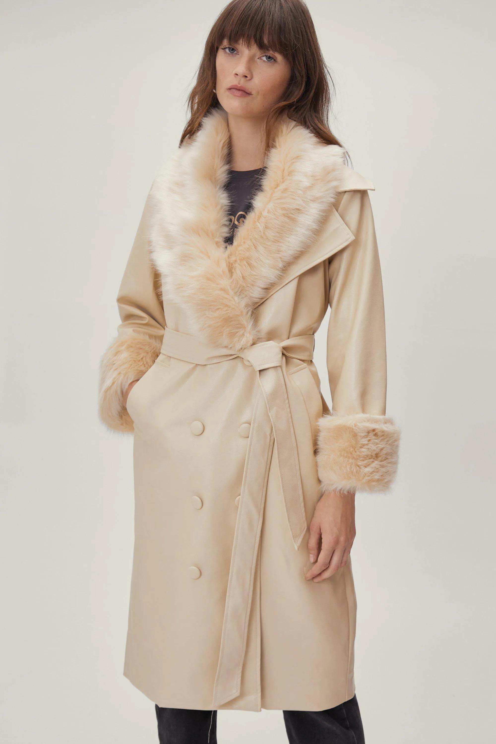 Faux Leather Fur Trimmed Db Coat