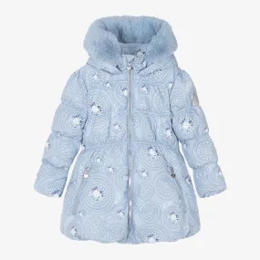 Girls Blue Faux Fur Trim Puffer Coat