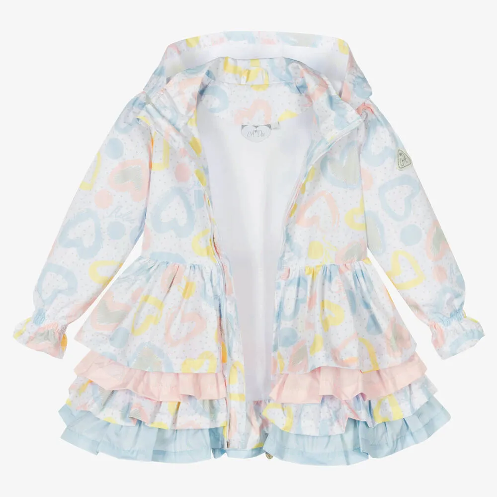 Girls White Heart Print Coat