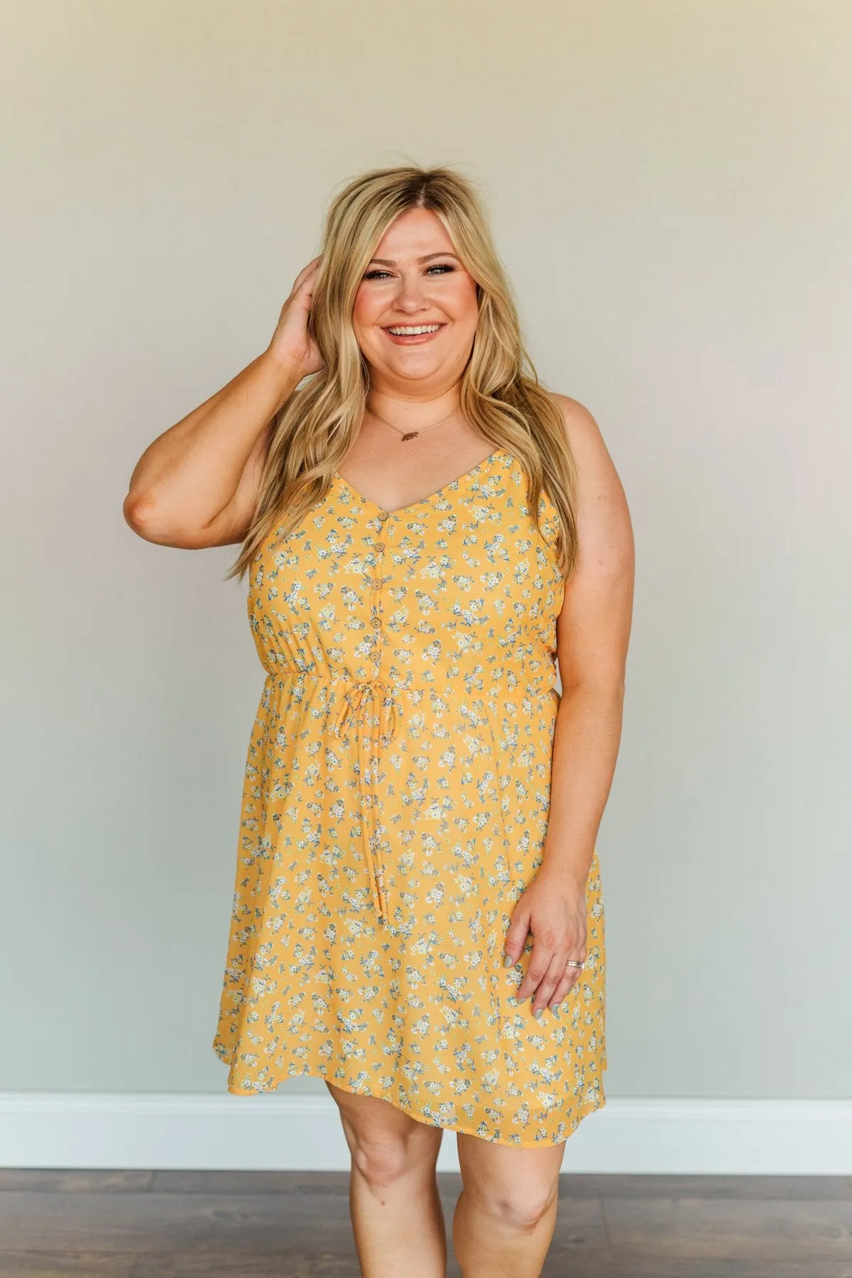 Golden Sunsets Floral Print Dress- Mustard