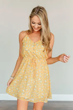 Golden Sunsets Floral Print Dress- Mustard