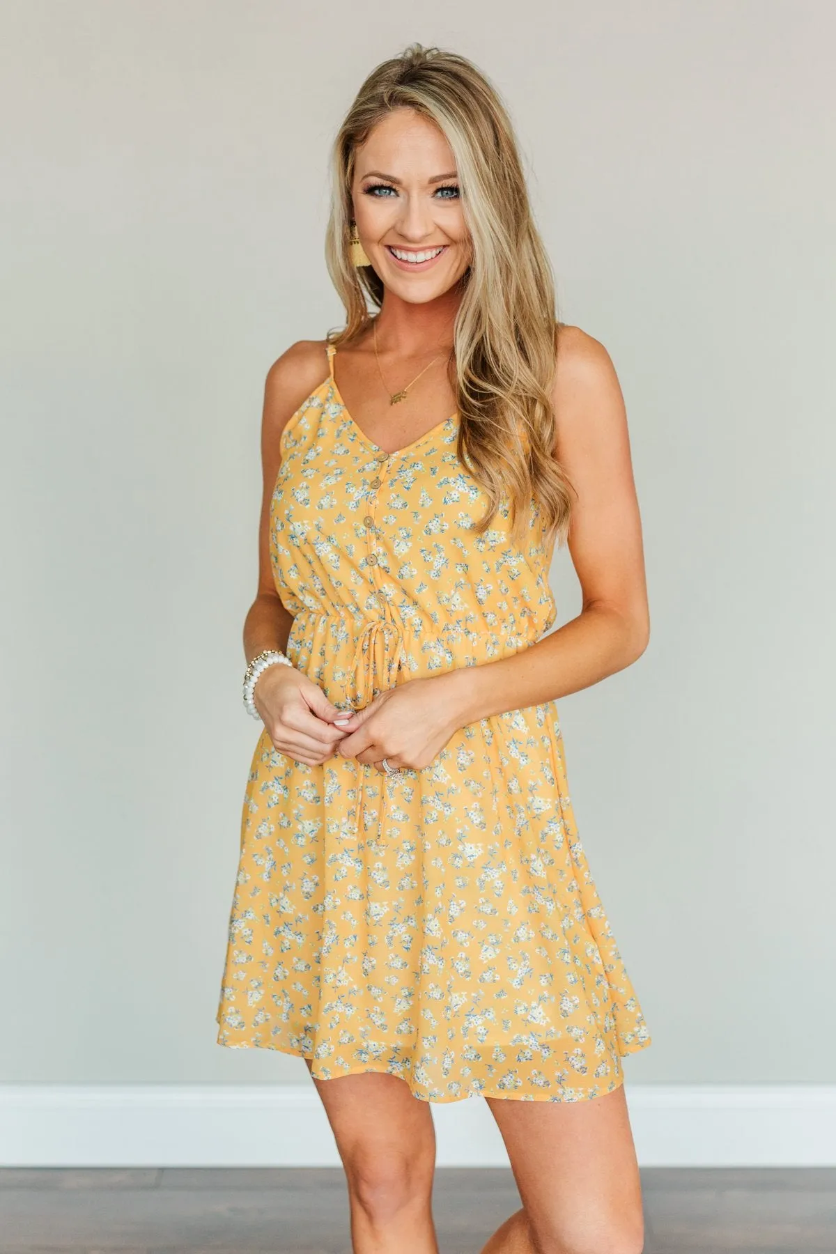 Golden Sunsets Floral Print Dress- Mustard