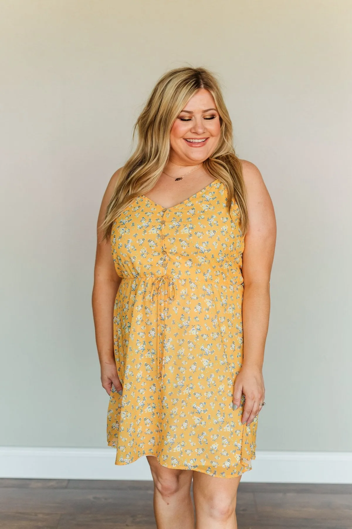 Golden Sunsets Floral Print Dress- Mustard