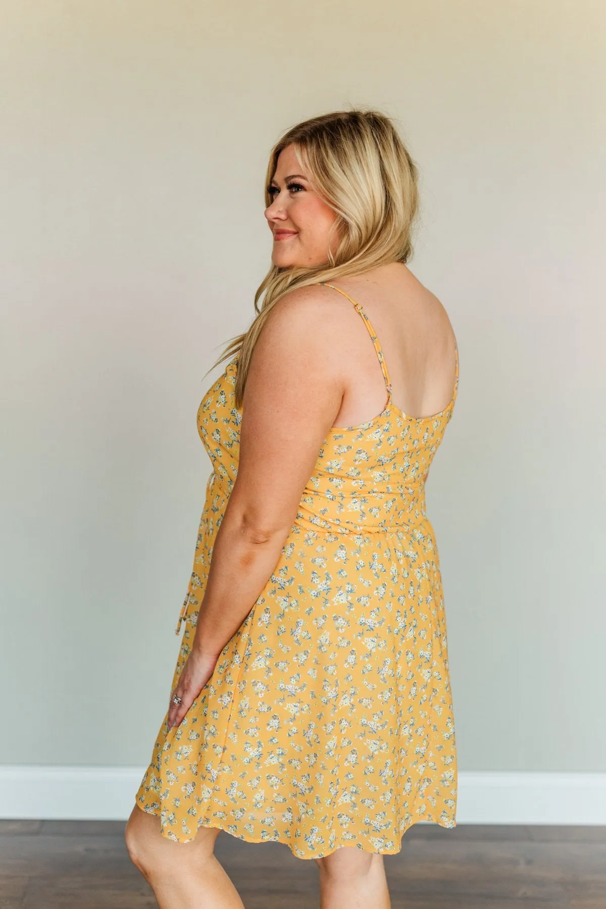 Golden Sunsets Floral Print Dress- Mustard