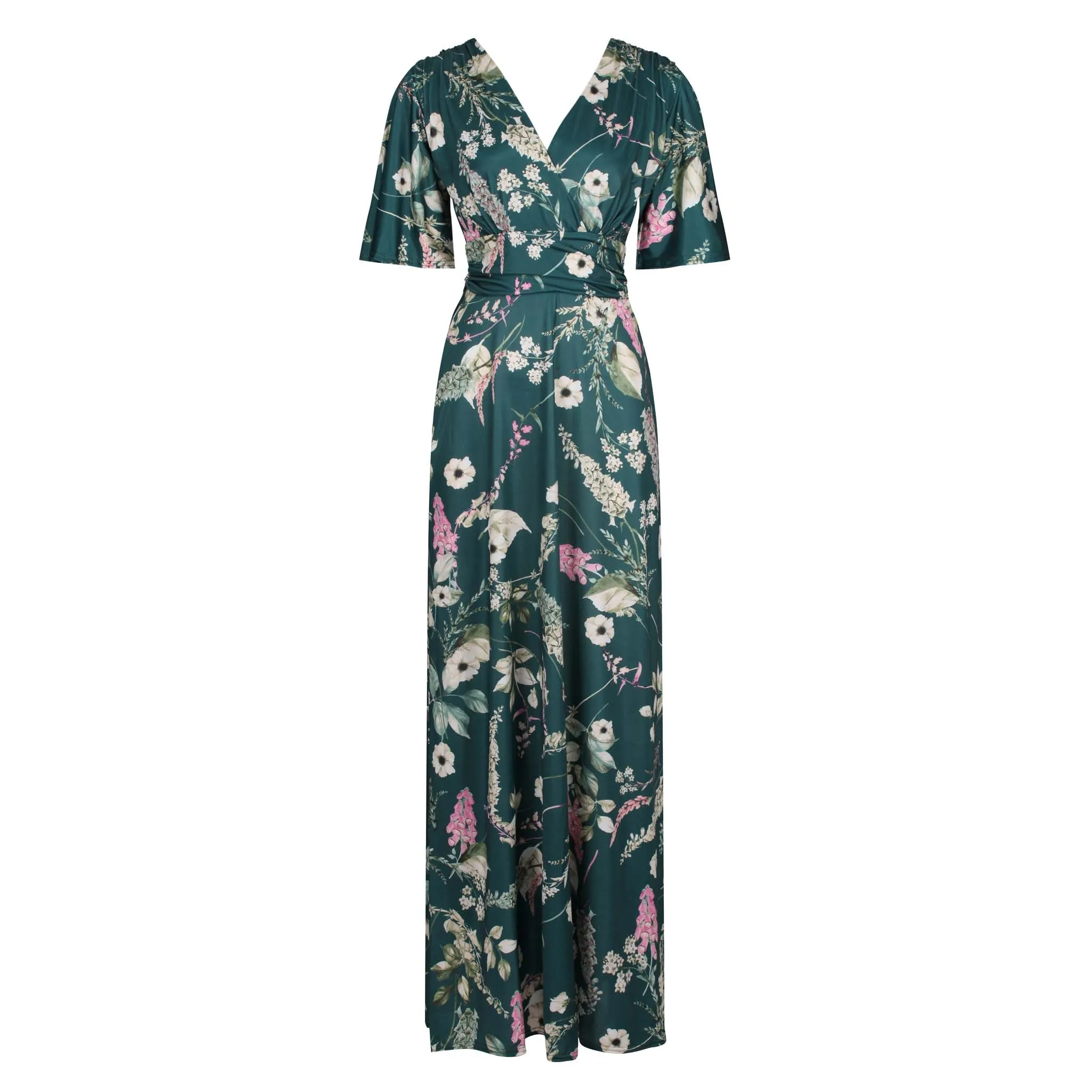 Green Floral Print Waterfall Sleeve Maxi Dress