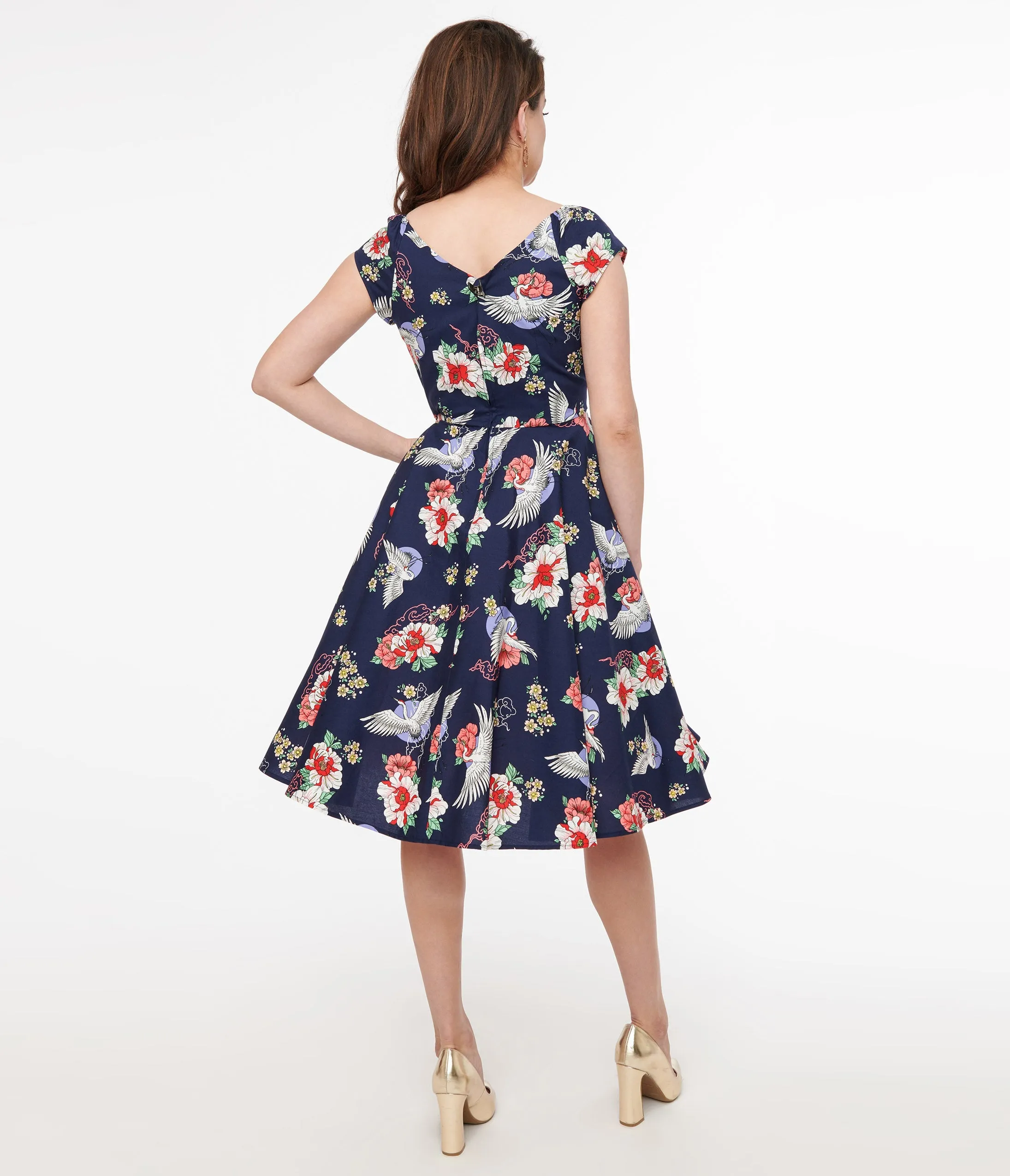 Hell Bunny 1950s Navy Floral & Cranes Cotton Swing Dress