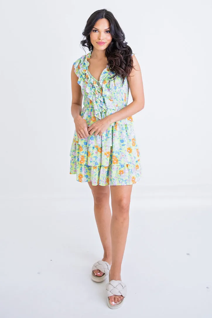 Lime Floral Vneck Tier Dress