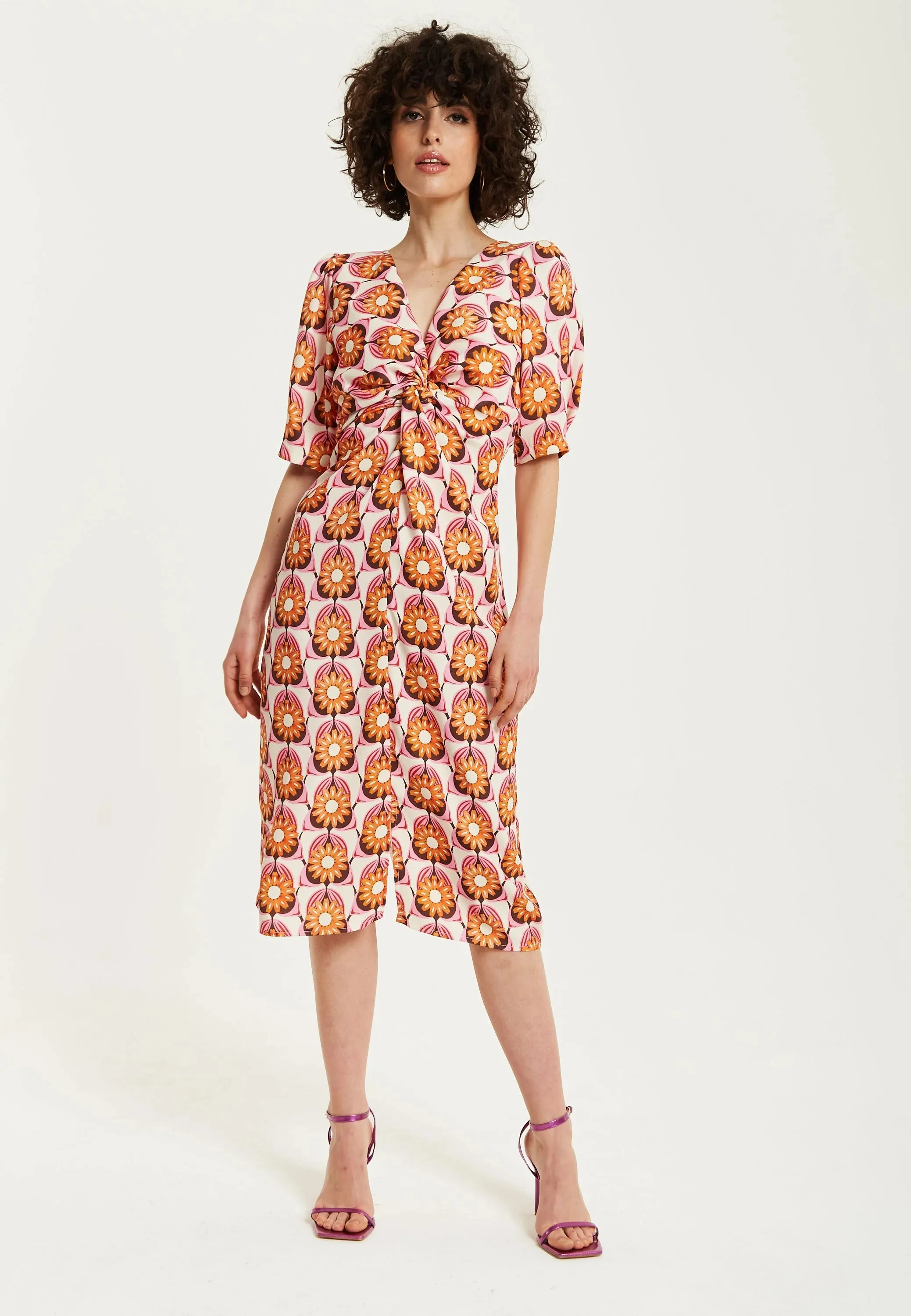 Liquorish Orange Floral Knot Front Midi Dress