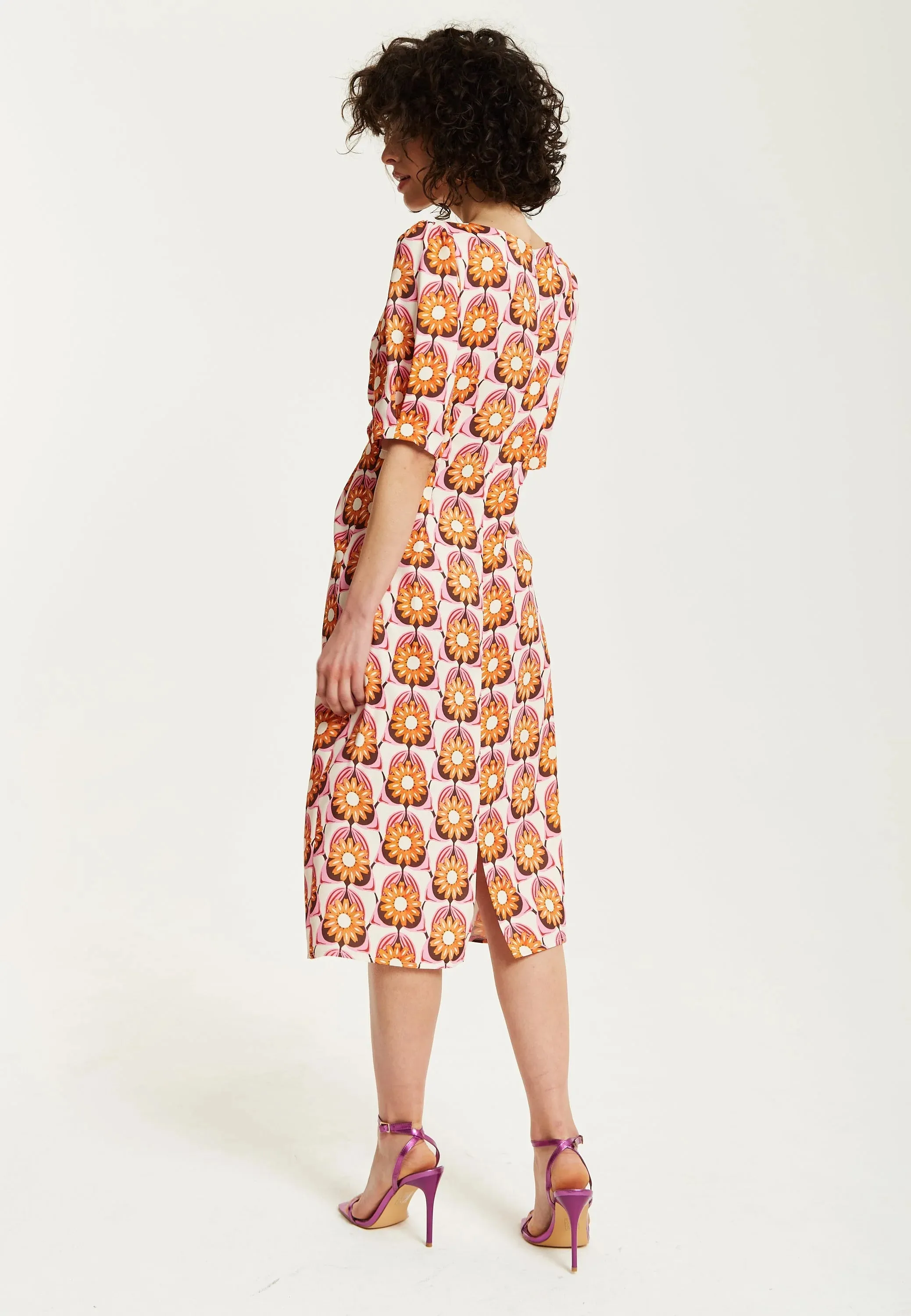 Liquorish Orange Floral Knot Front Midi Dress