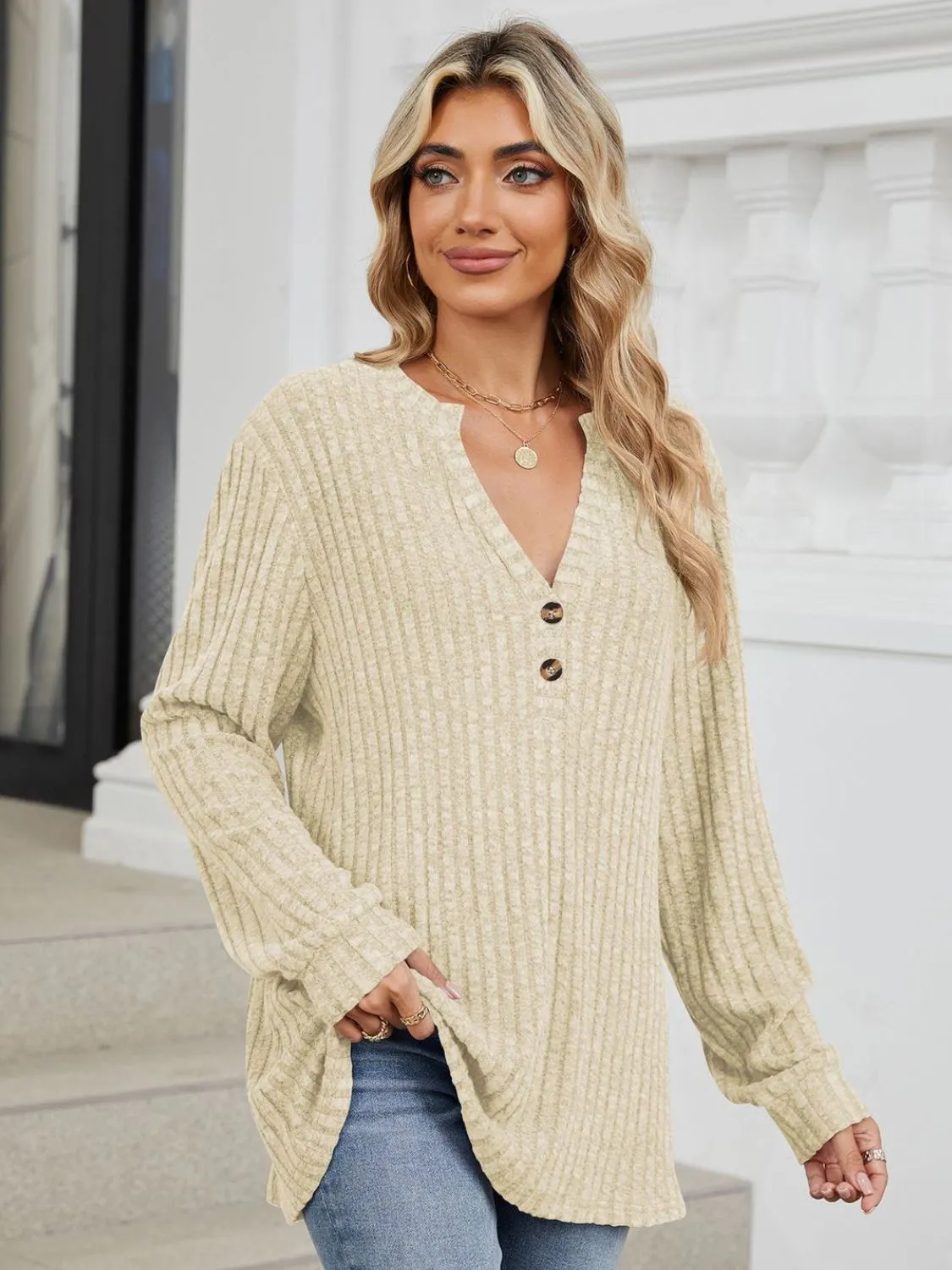 Mindy Ribbed Notched Long Sleeve T-Shirt -Ships 8/5