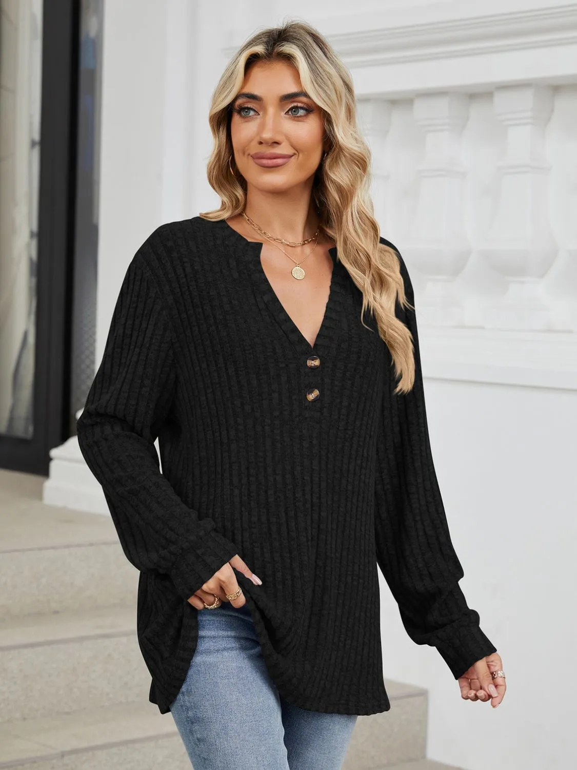 Mindy Ribbed Notched Long Sleeve T-Shirt -Ships 8/5