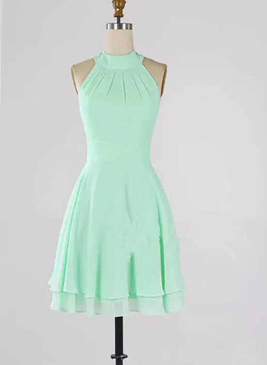 Mint Green Chiffon Halter Knee Length Bridesmaid Dress , Wedding Party Dresses