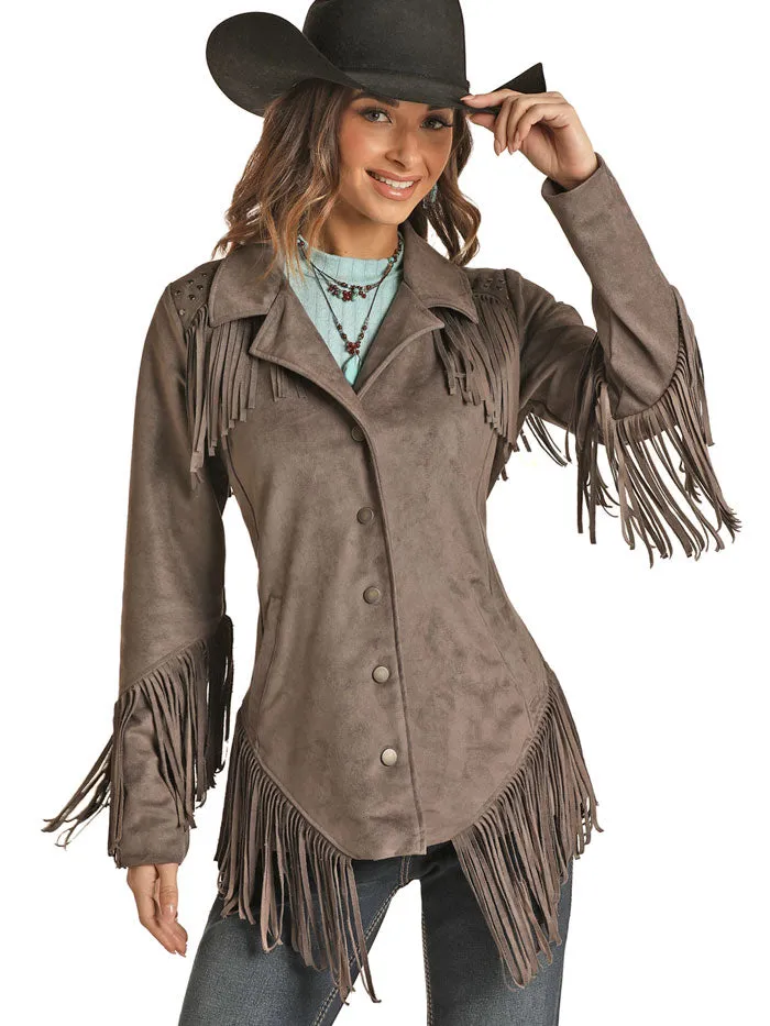 Panhandle 52-1085 Womens Micro Suede Fringe With Welt Pockets and Snaps Jacket Charcoal