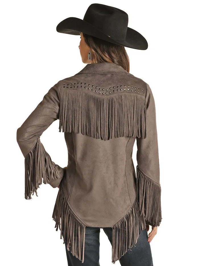 Panhandle 52-1085 Womens Micro Suede Fringe With Welt Pockets and Snaps Jacket Charcoal