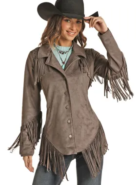 Panhandle 52-1085 Womens Micro Suede Fringe With Welt Pockets and Snaps Jacket Charcoal