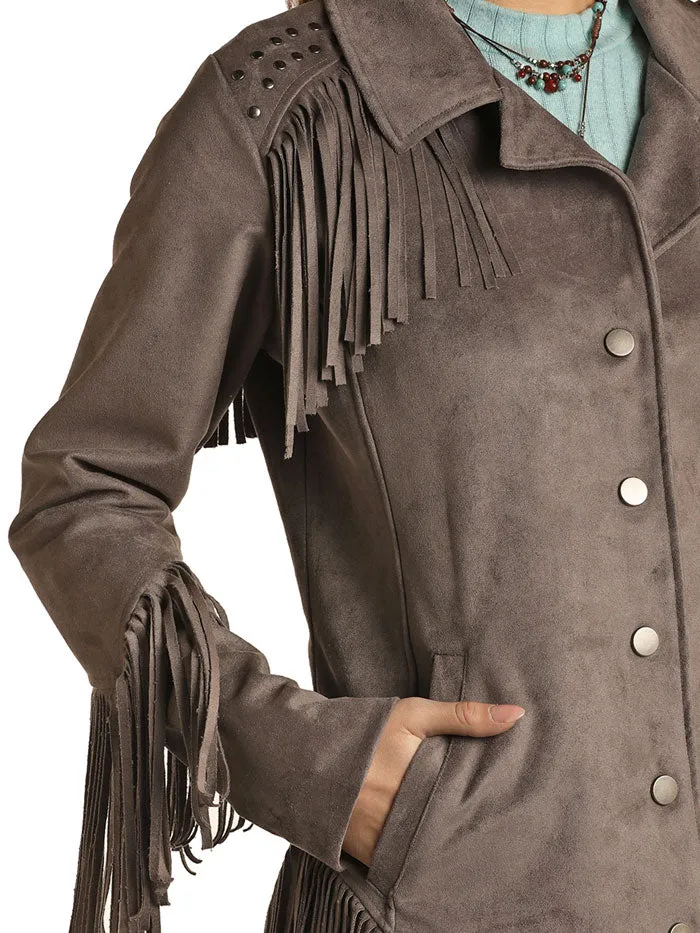 Panhandle 52-1085 Womens Micro Suede Fringe With Welt Pockets and Snaps Jacket Charcoal