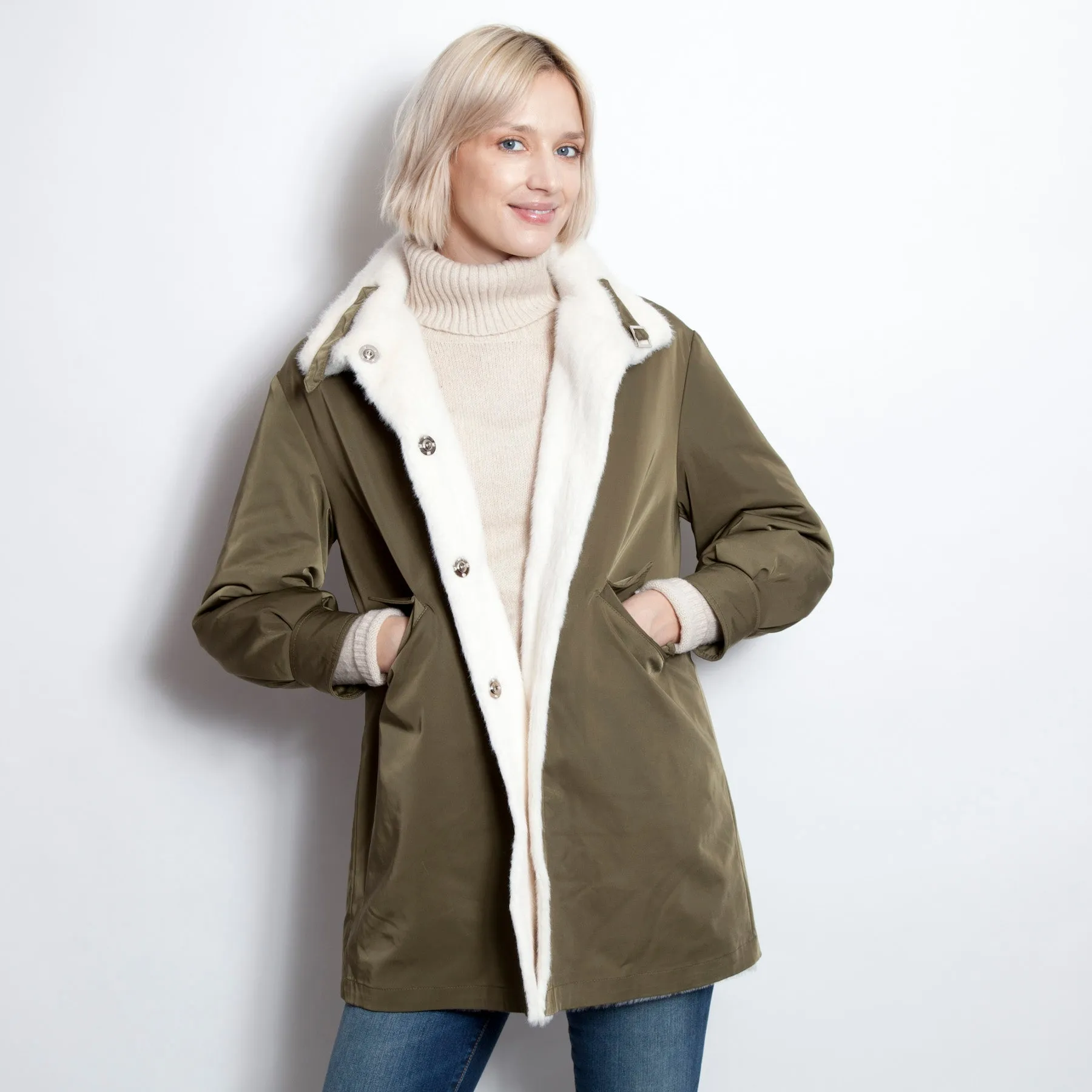 Reversible Nylon Faux Shearling Coat