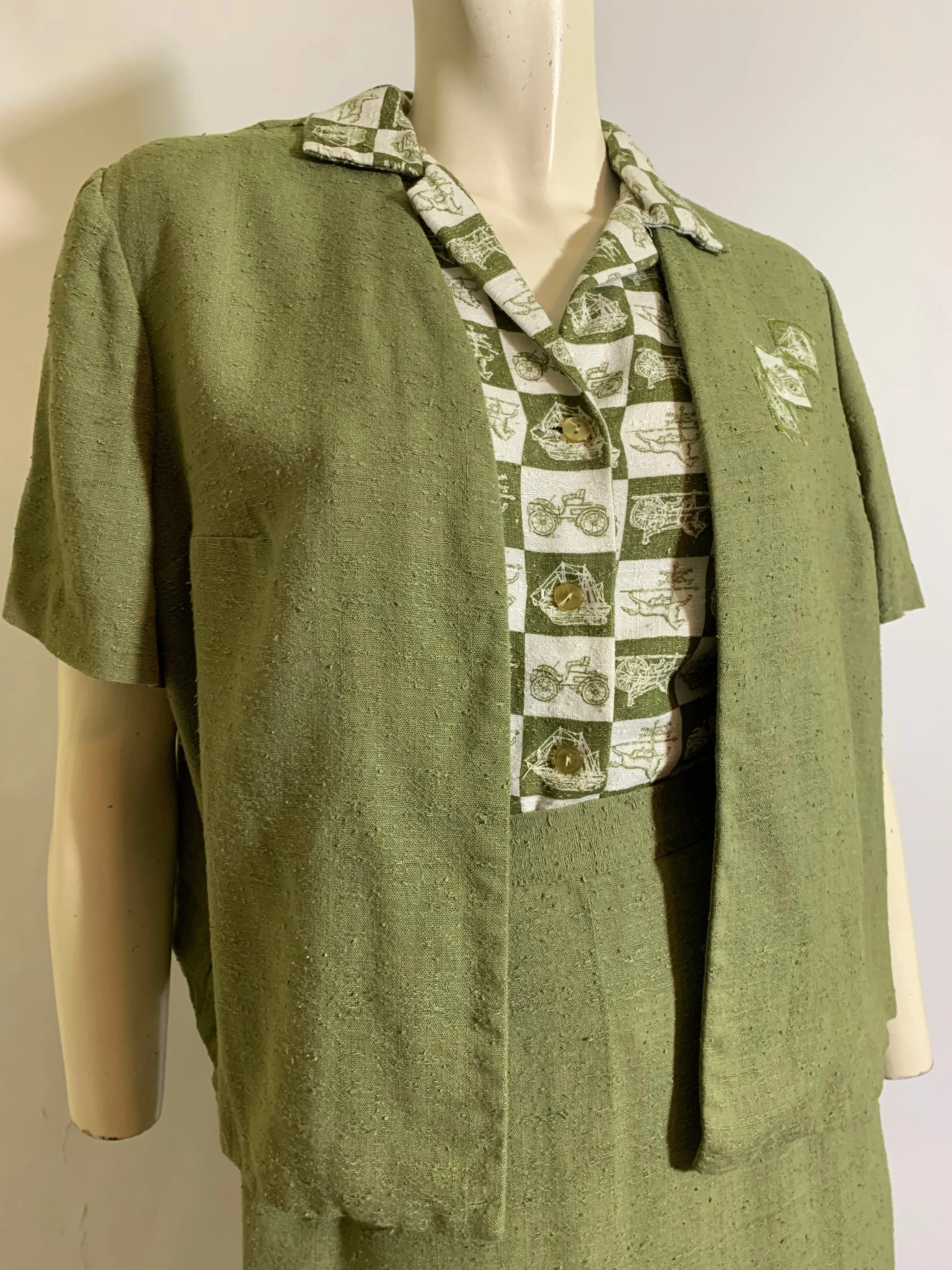 Sage Green Colonial Print Blouse, Jacket and Skirt Dress Set circa 1960s