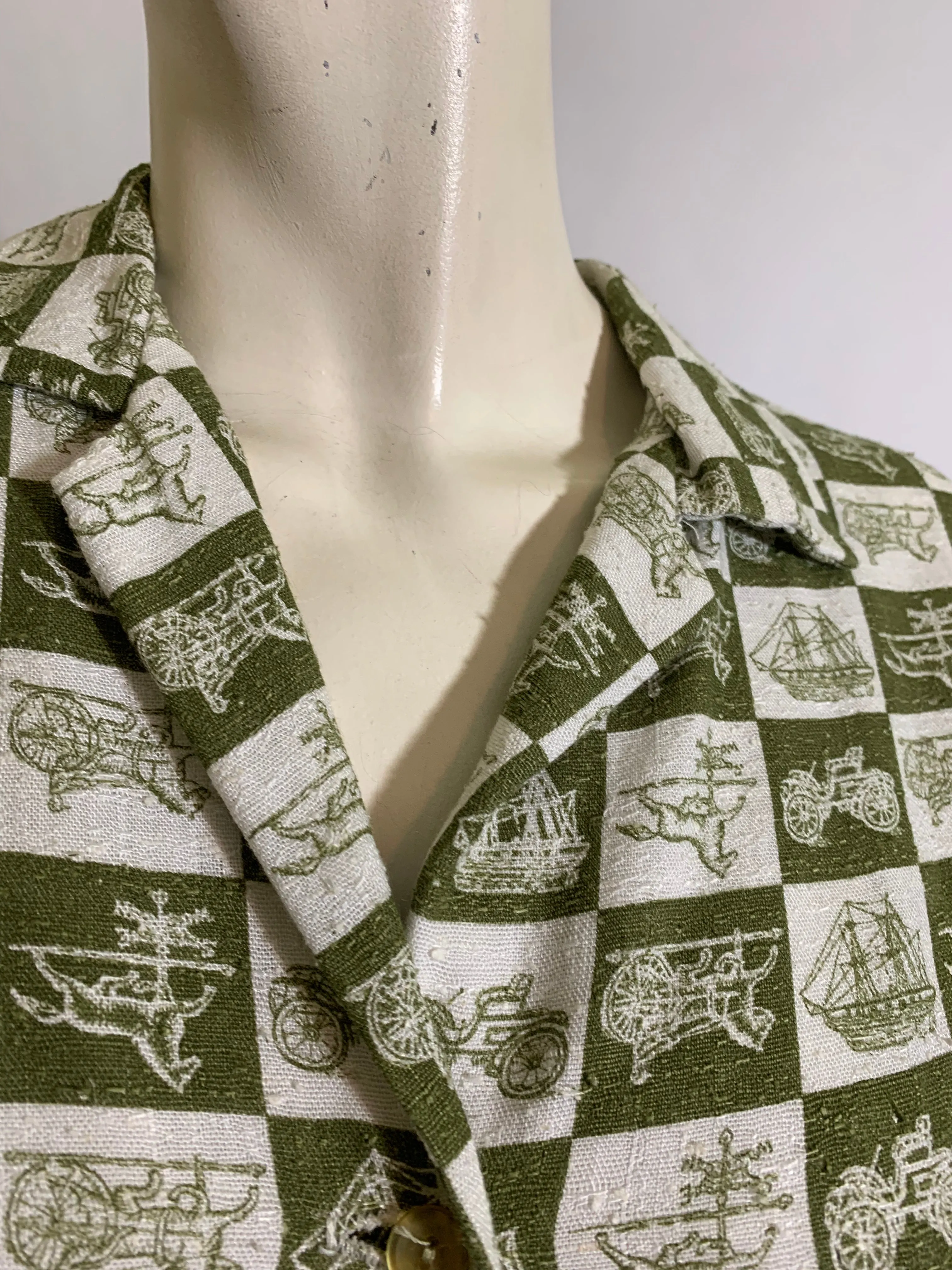 Sage Green Colonial Print Blouse, Jacket and Skirt Dress Set circa 1960s